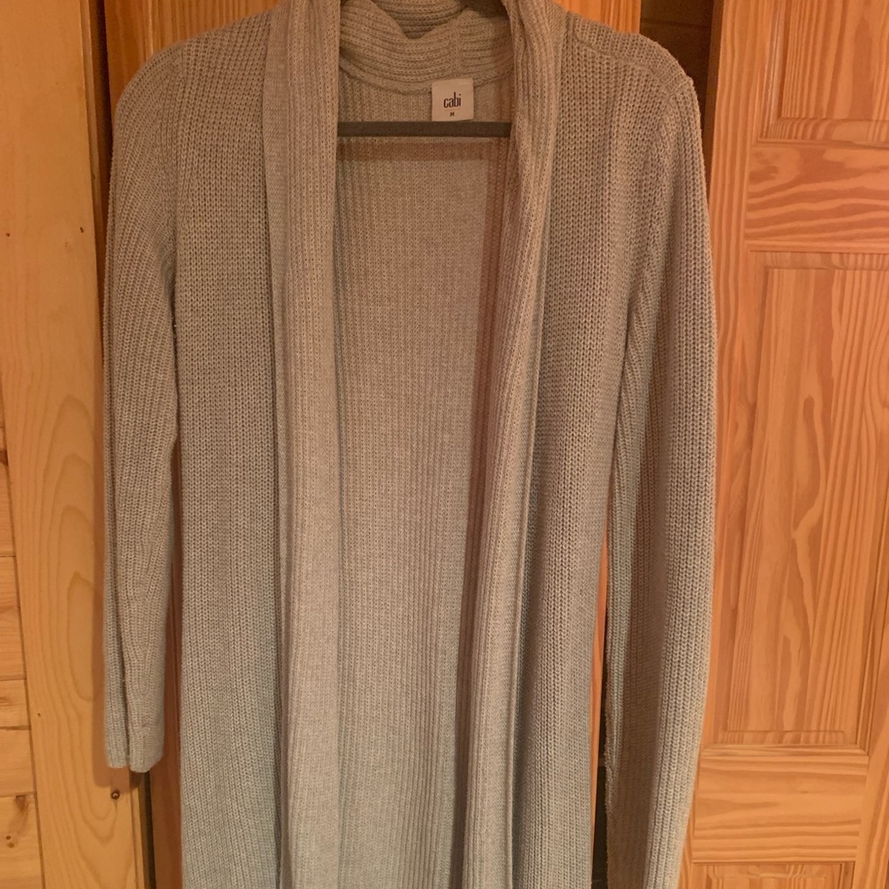 Cabi, gray cardigan, size M, belt in the back.
